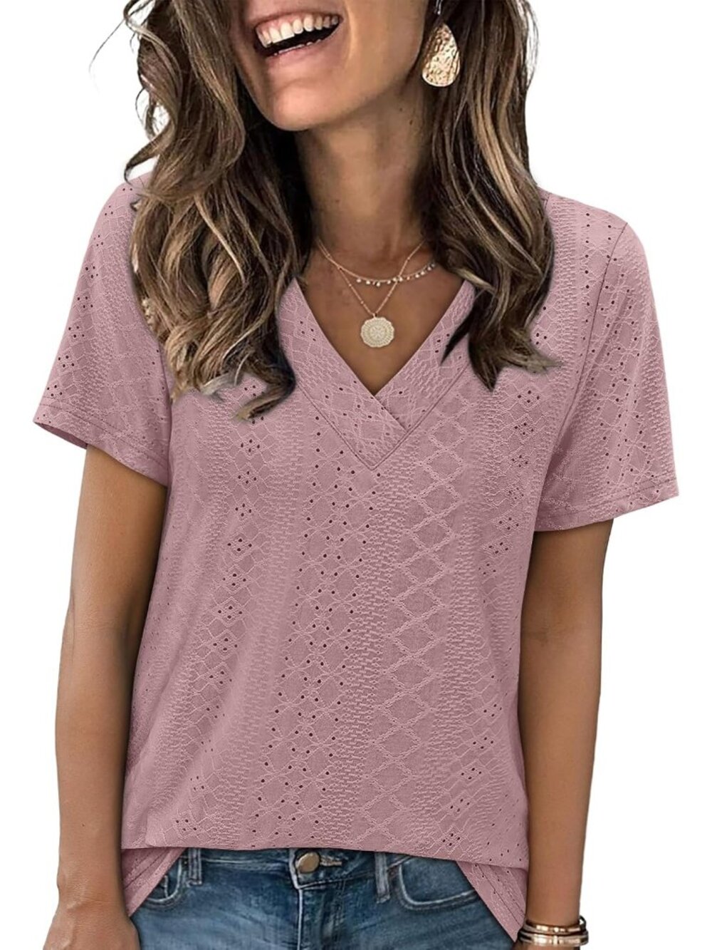 Women's Eyelet Crossed V Neck Short Sleeve T-Shirt
